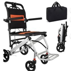 Portable Folding Wheelchair, Travel with handbrake, Support 220lbs, Only 16 lbs Ultra-Light Wheelchair for Seniors(with Bag)