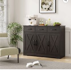 42.5" Wide Modern Buffet, Farmhouse Cabinet with Adjustable Shelves & 3 Drawers, Dark Brown
