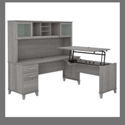Selling my Bush Furniture Somerset 72" L-Shaped adjustable sit-to-stand desk with hutch in Platinum Gray.