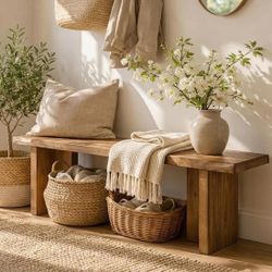 55" Farmhouse Entryway Bench, Solid Wood Shoe Bench End Of Bed Bench For Bedroom