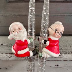 Vintage Lefton Santa & Mrs Claus Candle Hugger Climbers