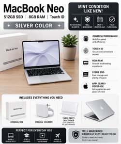 Apple MacBook Neo – Silver | 512GB SSD | 8GB RAM | Touch ID | AppleCare+ | Mint Condition