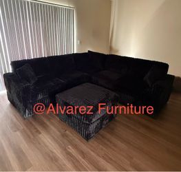 Corduroy sectional sofa with ottoman