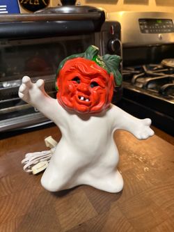 Vintage Ceramic Halloween Ghost Pumpkin Head Light Lamp