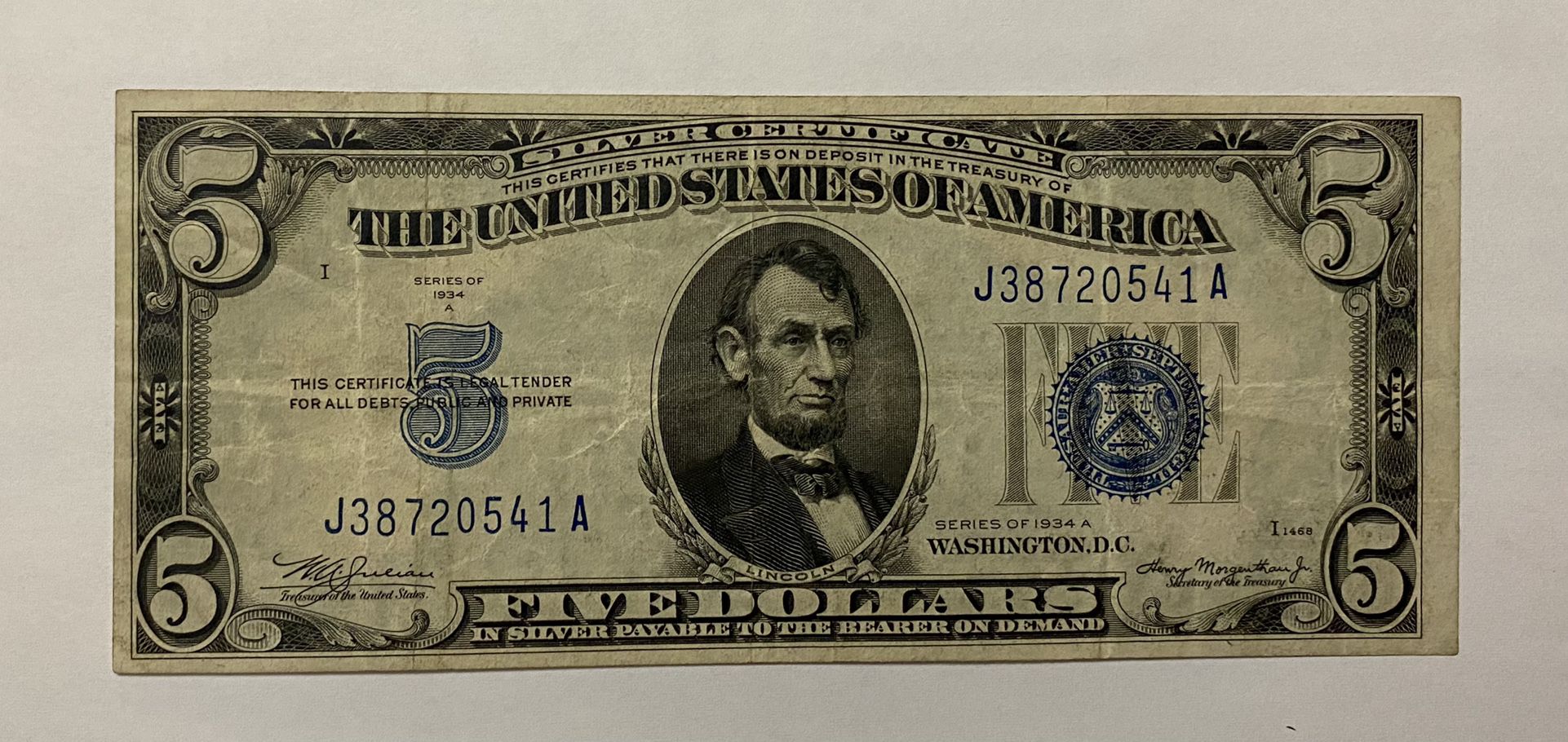 1934A Blue Seal $5 U. S. Silver Certificate