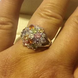 NEW White Gold Filled Multi-colored Flowers CZ Ring - Size 9