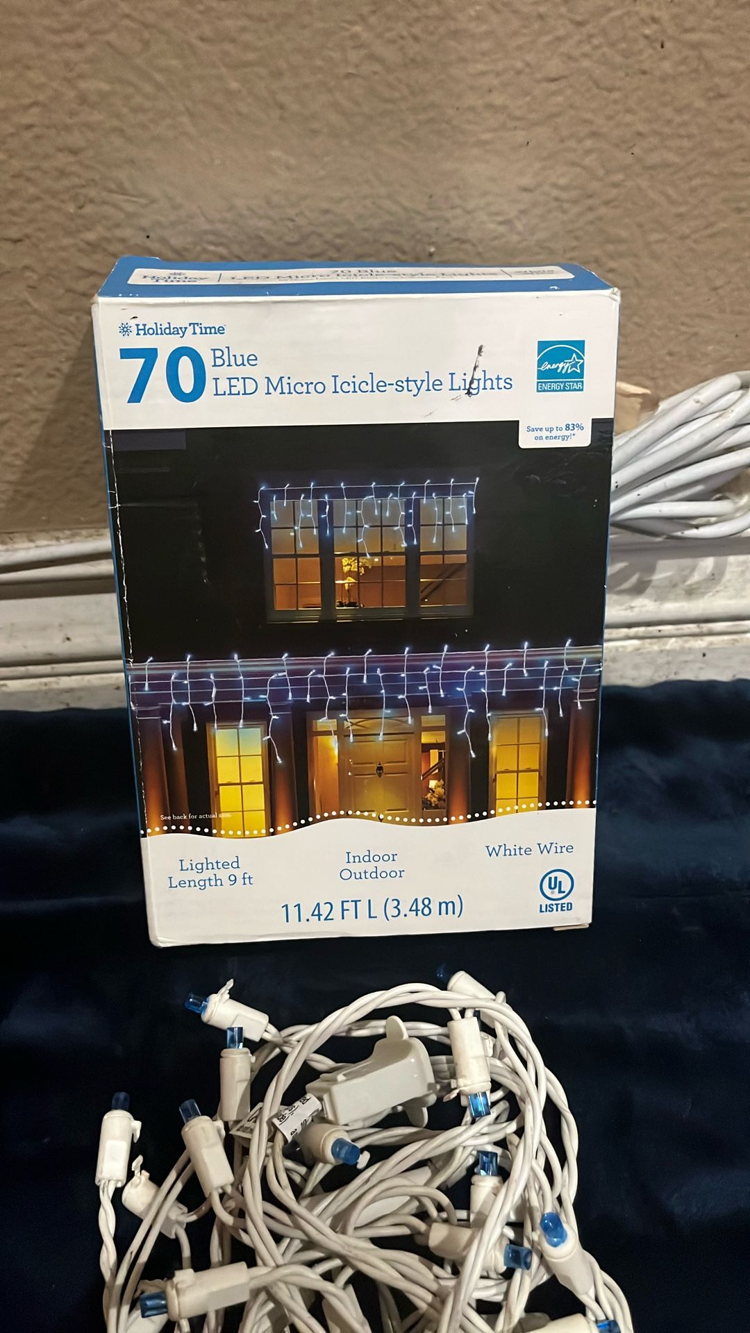 Set Of 6   (70 Blue LED Micro Icicle-style Lights Total Length 11.2Feet (3 Meters) String To String Connected Plug 216 Watts Each Set Is 15 Dollars 