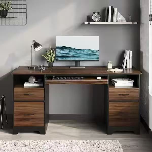 59 in. Rectangular Cherry 4-Drawers Computer Brown