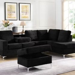 Brand New Black/Grey Fabric Sectional With Ottoman (Free Delivery)