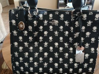 New Coach Crosby Black and White Floral Print Tote