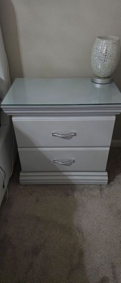 (2) Two your lamb gray nightstands with custom cut glass top with Crystal embedded handles