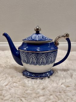 Vintage collectible porcelain Bombay Company Cobalt Blue and White Teapot, in original box