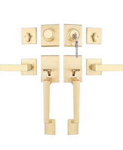 Double Front Door Lock Set, Gold Double Front Door Handle With Dummy, Square Exterior Door Lever With Reversible Lever, Single Cylinder Deadbolt Combo