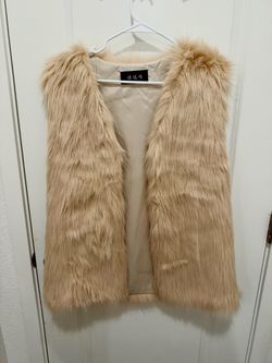 Beige Faux Fur Vest Open Front Satin Lining Shidawei