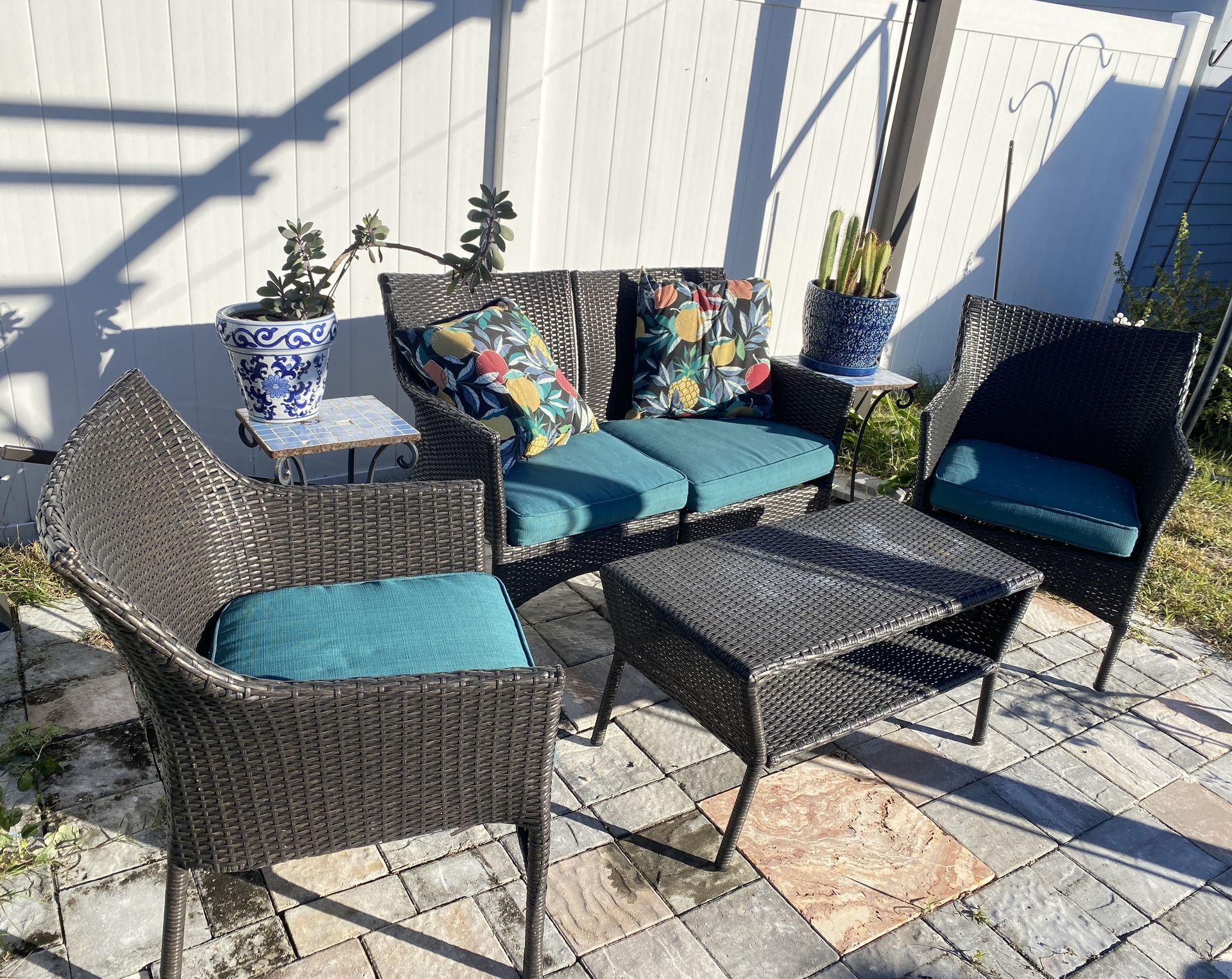 Outdoor Couch 2 Chairs & Coffee Table W/ Cushions And Throw Pillows