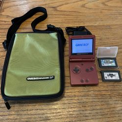 Nintendo Game Boy Advance SP Recondition Flame Burgundy Red Game System, Two Games And Large Console Crossbody Strap Case