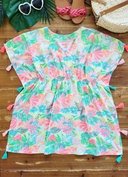 SIZE 10-12 GIRLS MULTICOLOR BOLD TROPICAL FLORAL COTTON SWIM COVER UP/DRESS