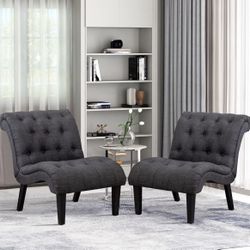 Yongqiang Accent Chairs Set of 2 Upholstered Living Room Bedroom Side Chairs Curved Button Tufted Armless Lounge Chair with Wood Legs Gray Fabric