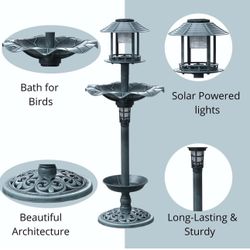 Green Birdbath Solar Lighted Vintage Green Pedestal Bird Bath Garden Fountain Decoration Garden Decor Water Solar Powered Light Bird Bath New In box