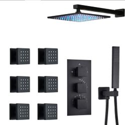 Thermostatic Shower Faucet Kit LED 16in Rain Head Combo Massage System With Valve
