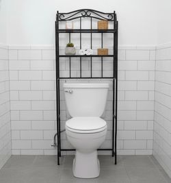 Modern Black Metal Over The Toilet Bathroom Storage Rack Shelf! Great condition! 24x9x67in Center Height 34in