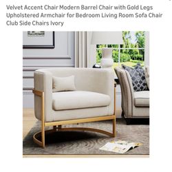 Velvet Accent Chair Modern Barrel Chair with Gold Legs Upholstered Armchair for Bedroom Living Room Sofa Chair Club Side Chairs Ivory