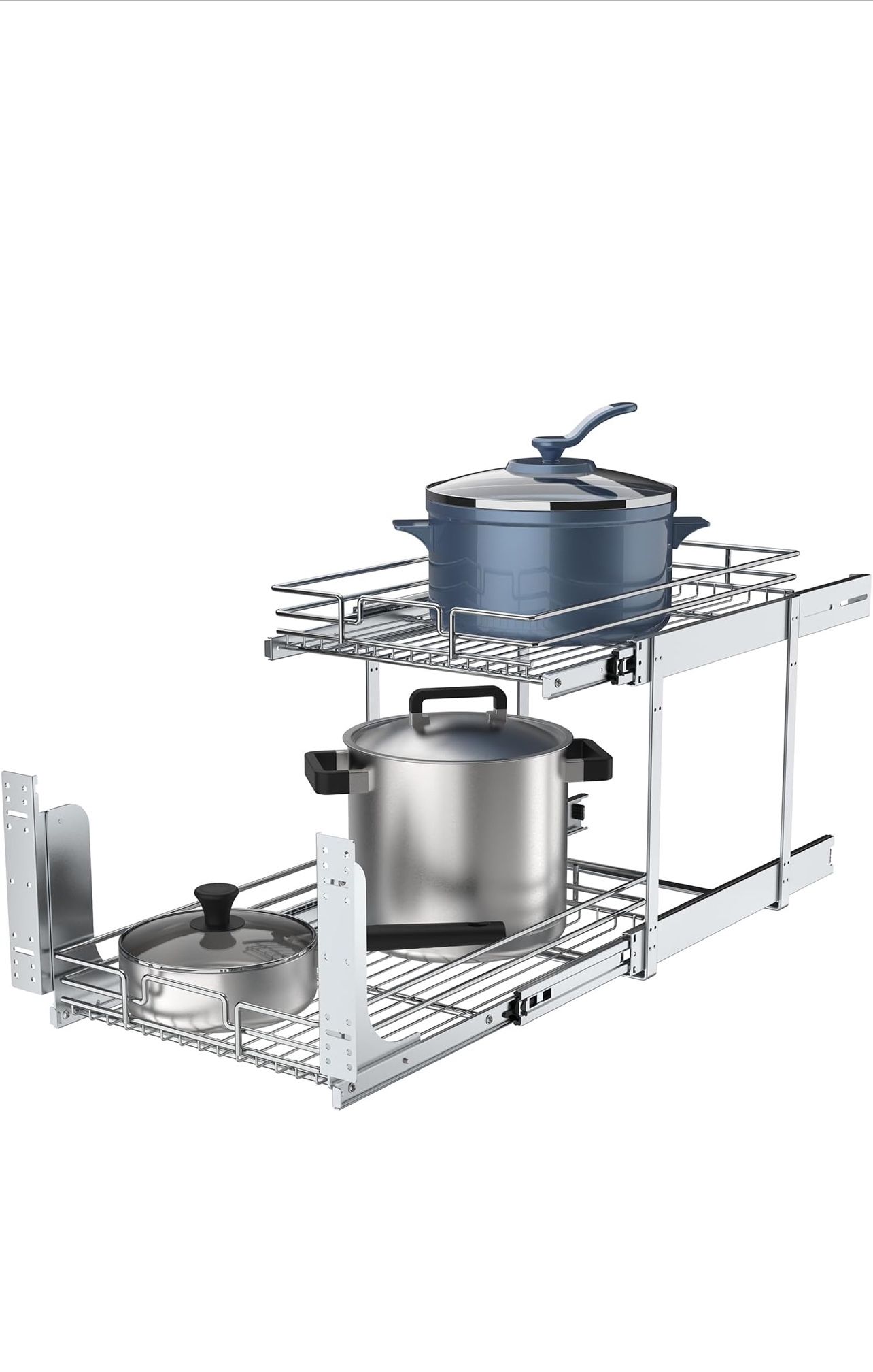 Brand new 2 Tier Pull Out Cabinet Organizer, 17" W x 21" D Heavy-Duty Metal Sliding Drawer Shelf for Kitchen Cabinets, Chrome, Located Hesperia ca