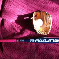 Rawlings Glove, Bat ,And A Ball