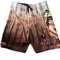 Hard Rock Cafe Board Shorts knee Swim Trunks Ombre Guitars Pinup Girl Mens 34 Large