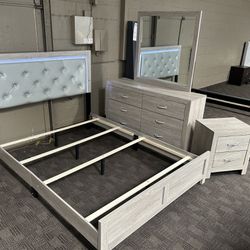 Grey Queen LED Light Bed Set With Dresser
