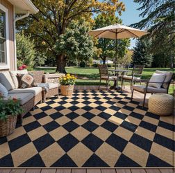 Lanffia Checkered Easy Jute Washable Rugs 8x10, Black Living Room Rug for Dining Room Diamond Indoor Outdoor Carpet, Large Non Slip Low Pile Farmhouse