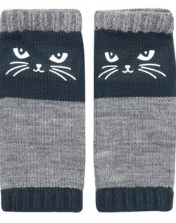 Fingerless Cat Gloves Blue & Gray W/ Thumb Hole Warm Winter Kitten Mittens NEW
