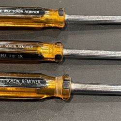 Jacknob One-Way Screw Remover Set of 3 Different Size Removers / Drivers. Includes 8915 ONE-WAY SCREW REMOVER - SIZE #6-8, 8925 ONE-WAY SCREW REMOVER 