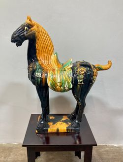 Large Vintage Sancai Style Ceramic Horse Statue