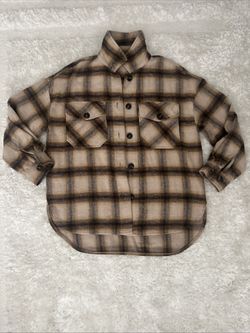 Women’s Plaid Flannel Shacket Button Down Shirt Jacket Brown Tan Oversized Fit
