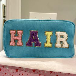 NWOT Chenille Patch Letters HAIR Corduroy Makeup Bag in Blue