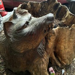Wolf carving cedar stump