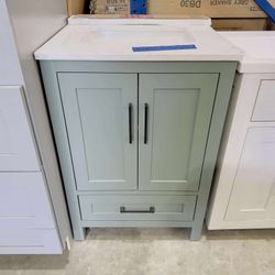 24 in Single Sink Bath Vanity in Sage Green with Marble Top in White  $349 