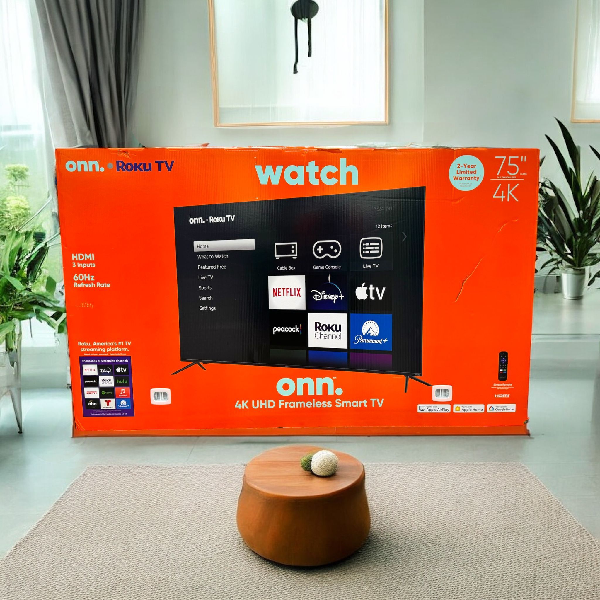 HD320 75” ONN smart 4k Roku led tv floor model display