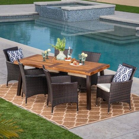 Outdoor 7 Piece Acacia Wood/ Wicker Dining Set with Cushions I#1101

