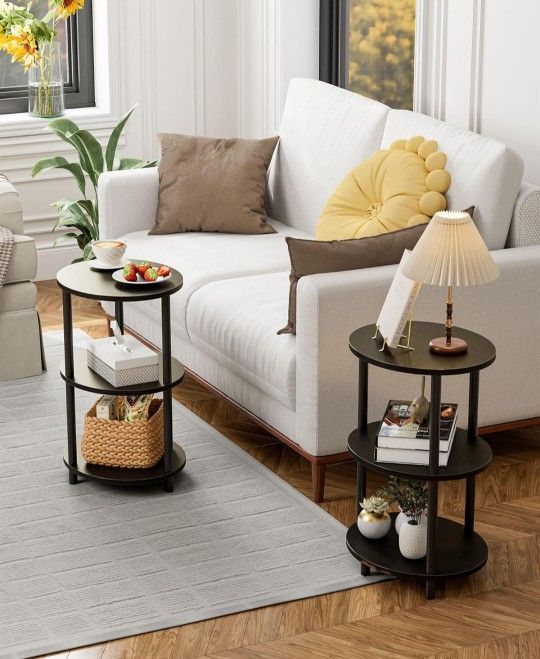 Small Round Side Table - 3-Tier Round Accent Table for Small Spaces, Rustic Wood and Metal Couch End Table