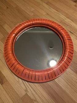 Vintage 1970s Wicker Orange Wall Mirror 27 Inches Wide Vibrant Decor