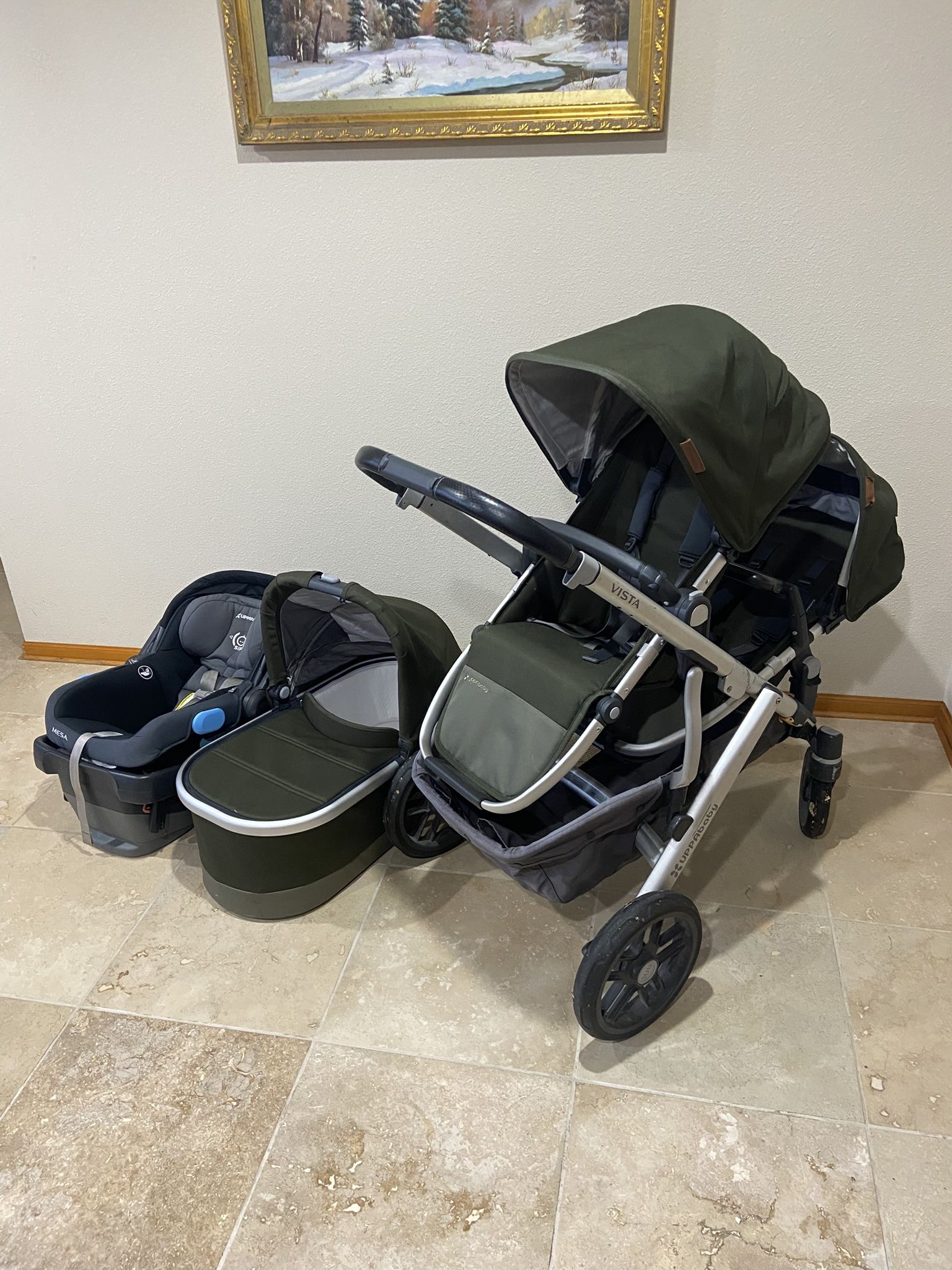 Uppababy Vista V2 Double Stroller With Car Seat And Bassinet Green