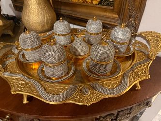 Gorgeous antique crystal gold hand made Turkish coffee tea 14 piece set