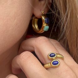 Turquoise and Lapis Delight: Exquisite Stainless Steel Earrings And Ring  for a Timeless Look