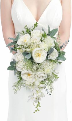 Rinlong 10.6" Wide White Sage Artificial Cascading Wedding Bouquets for Bride Cascade Bridal Bouquet for Wedding Silk Flowers