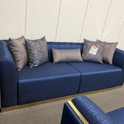 2 Piece Navy Sofa Loveseat Set with Pillows