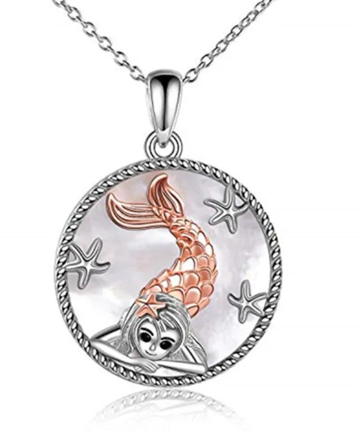 BRAND NEW IN PACKAGE 18K SILVER PLATED ROUND DISC ROSE GOLD MERMAID PENDANT SILVER CHAIN NECKLACE 18" WITH 2" EXTENDER GIFT FOR HER 