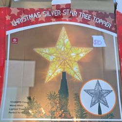 Christmas Silver Star Tree Topper Lighted 10 Lights Warm White