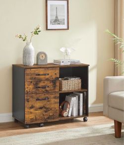 Lateral File Cabinet, Home Office Printer Stand, 3-Drawer Mobile Filing Cabinet with Open Storage Shelves, for A4, Letter-Size Files, Rustic Brown and